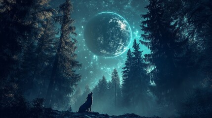 Wolf Howling at the Moon in a Mystical Forest.