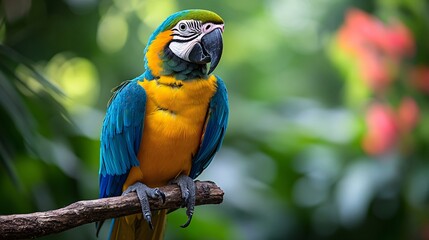 A vibrant parrot with bright blue, green, and yellow feathers perched on a branch in a tropical rainforest.