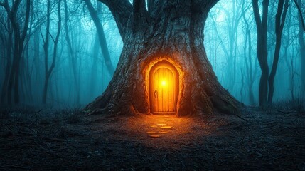 Doorway to a magical world in a misty forest.