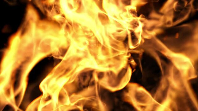 Aerial view rising flames burning isolated on black backgrounds rendering