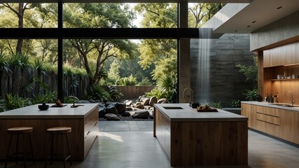 Minimalist Modern Kitchen with Waterfall Views