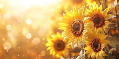 Fototapeta premium Bright sunflowers bask in warm sunlight. Their vibrant yellow petals create a joyful atmosphere. Perfect for nature lovers or floral designs. A beautiful addition to any collection. AI