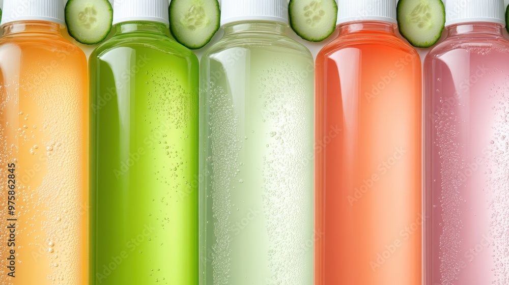 Sticker A row of bottles with different colored liquids and cucumber slices, AI