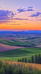 Abstract landscape of rolling hills and mountains at sunset, with vibrant colors and geometric shapes representing the different layers of farmland