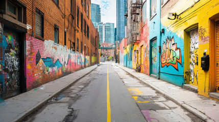 A vibrant alleyway showcases colorful street art and graffiti on brick walls, with clear yellow line guiding way. urban scene reflects creativity and renewal.