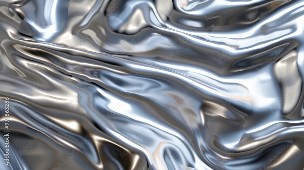 Poster reflective silver surface with flowing waves captured in natural light in a close-up view showcasing