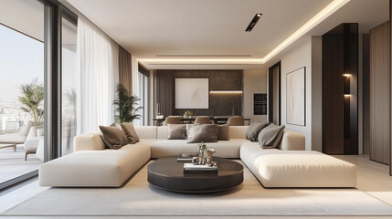 A spacious and airy living room featuring a contemporary sectional sofa and large windows.