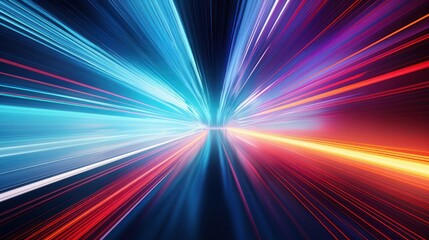 Fototapeta premium A close-up of a glowing line of light streaking across a dark background, representing the speed of light in modern information transmission. The light trail creates dynamic motion,