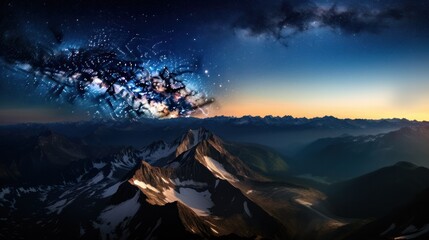 An aerial view of the Milky Way rising over a mountain range, with peaks silhouetted