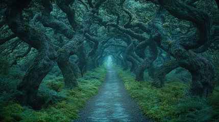 Sinister Forest Path: Eerie Atmosphere and Claustrophobic Setting with Ancient Trees and Whispering Undergrowth