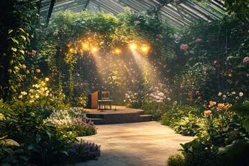 A serene acoustic concert in a botanical garden, with soft, warm lighting illuminating the lush greenery and a small stage surrounded by blooming flowers and vines.