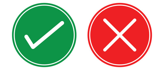 Tick and cross icon. Check mark icon button set. Green check mark and red cross mark icon, isolated on white background. Vector illustration.