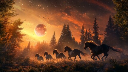 Horses Running Through a Mystical Forest at Sunset.