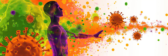 Immune Boosters: A vibrant mix of colors, including orange, green, and purple, forming a protective shield around an abstract human figure, representing the strengthening of the immune system.