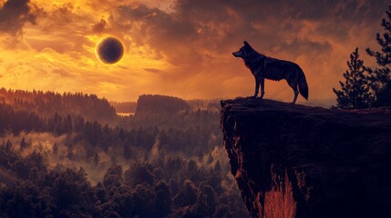 Wolf Silhouetted on Cliff at Sunset.