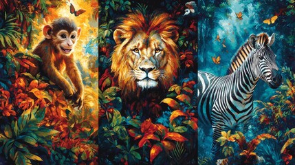 Obraz premium Set of three posters showing a playful monkey, a majestic lion, and a zebra stepping into a brightly lit jungle scene with bold oil painting textures