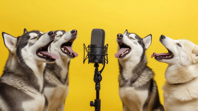 Five huskies standing near a microphone with their mouths open, creating the impression that they are singing in a choir