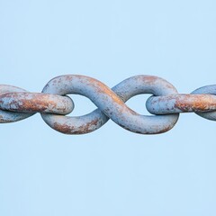 Fototapeta premium Close-up of an old, rusty metal chain link forming an infinity shape against a soft blue background.