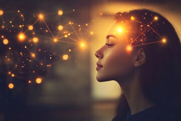 Profile of woman with glowing neural connections around her head symbolizing thought processes innovation and technological advancement with vibrant digital elements