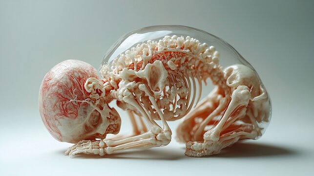 Render a 3D model of a fetus in the second trimester, showing the development of its skeletal system