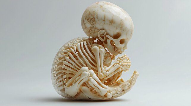 Render a 3D model of a fetus in the second trimester, showing the development of its skeletal system