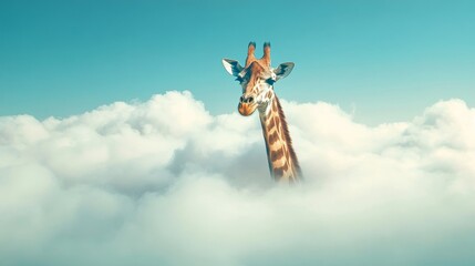 A giraffe gracefully pokes its head through fluffy clouds against a clear blue sky during a bright daytime