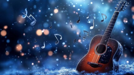 Fototapeta premium A wooden guitar surrounded by floating musical notes under a blue and sparkling background at night