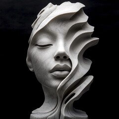 Obraz premium A stunning white sculpture of a woman’s face, showcasing flowing lines and expressive features. This piece reflects modern artistry and elegance. 