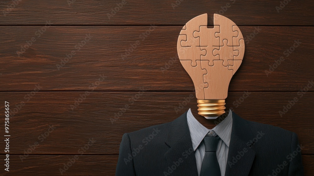 Poster a creative representation of a businessperson with a light bulb and puzzle head symbolizing innovati