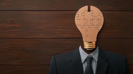 A creative representation of a businessperson with a light bulb and puzzle head symbolizing innovation and problem-solving.
