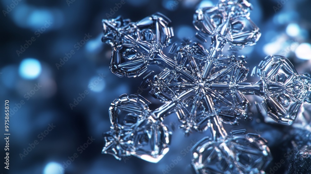 Poster close-up view of a delicate snowflake showcasing intricate patterns against a blurred blue backgroun