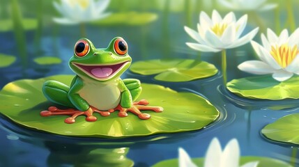A smiling frog on a lily pad 