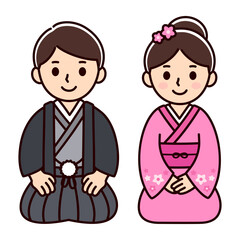 Cartoon children in traditional Japanese costumes