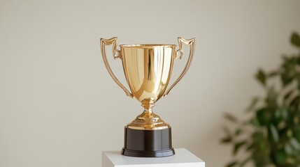 Fototapeta premium A luxurious gold trophy cup with a sleek design, displayed on a white pedestal with soft lighting, representing victory