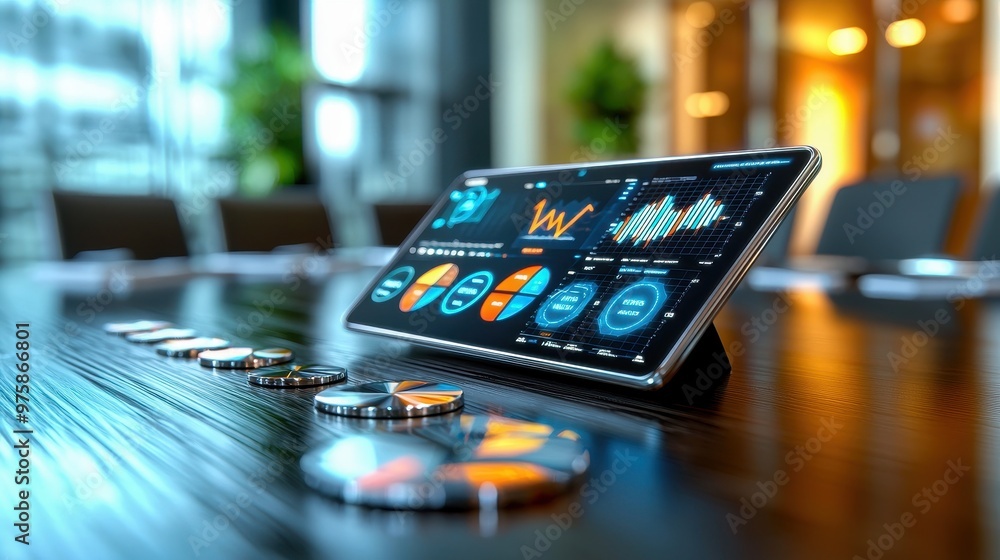 Poster modern touchscreen device displaying financial data in a sleek office environment, symbolizing techn