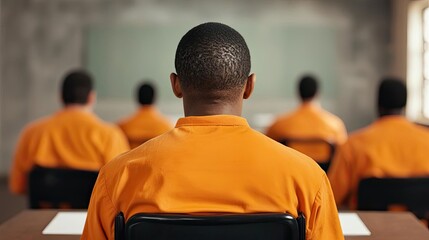 A group of prisoners attending a rehabilitation class, symbolizing efforts toward self-improvement and education behind bars