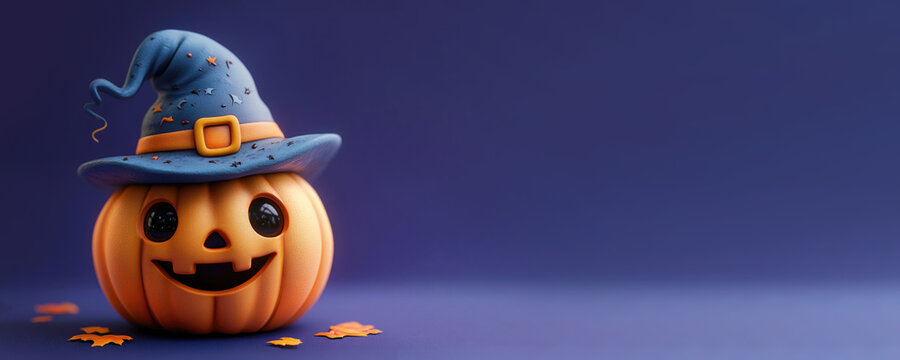 Horizontal banner for Halloween with copy space for text. Cute orange 3D cartoon pumpkin with scary face wearing blue witch hat on purple background. Concept of fear, horror and magic. Mock up