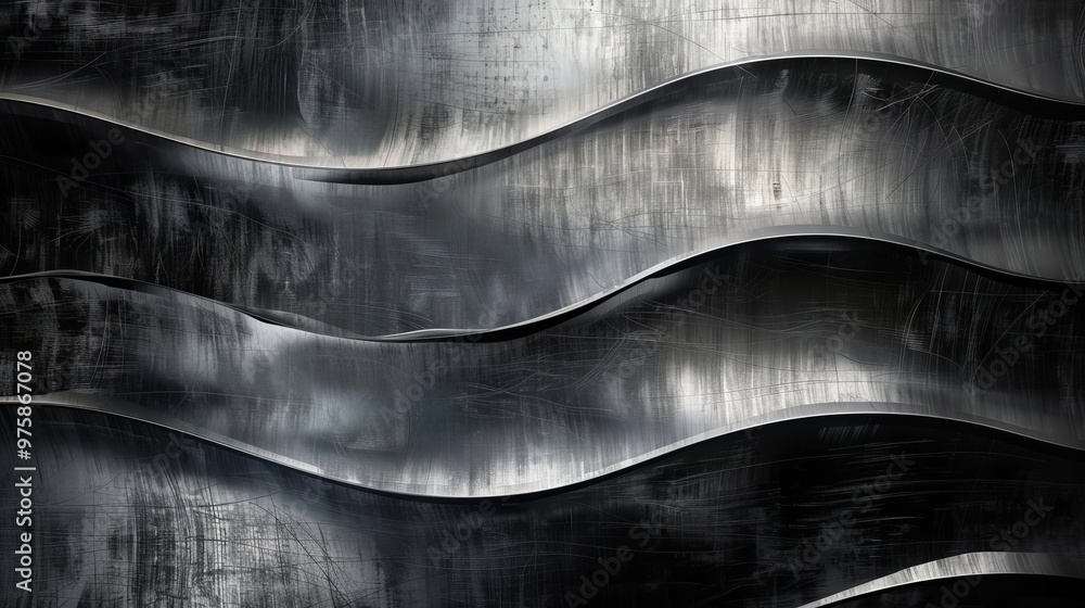 Poster textured metallic surface with wavy patterns reflecting light in a modern industrial setting