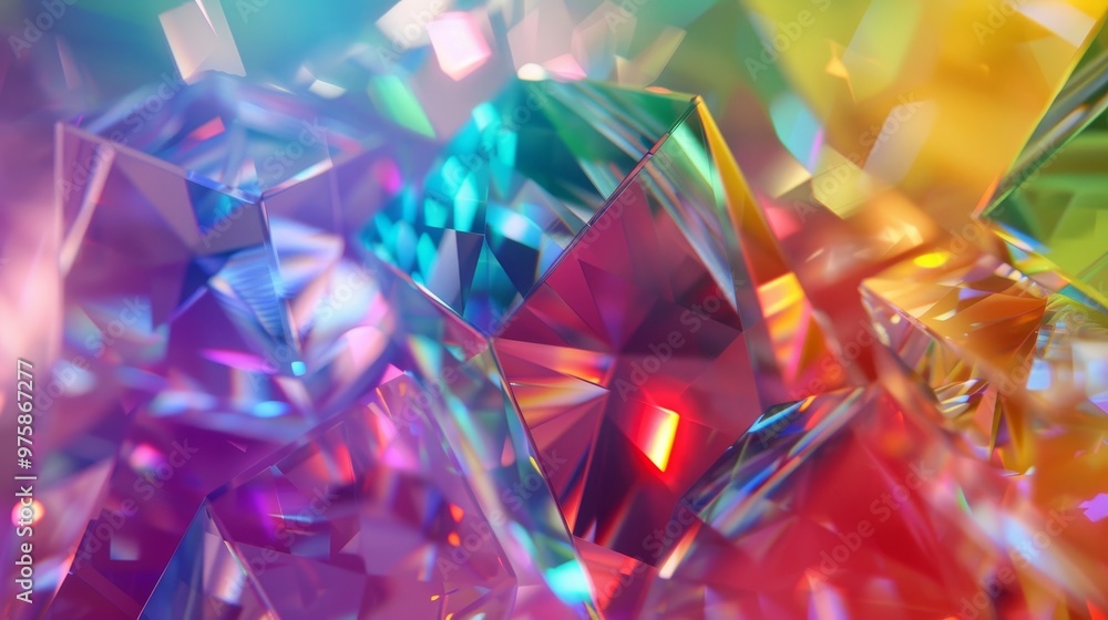 Poster colorful sparkling crystals reflecting light in an artistic arrangement, creating a vibrant spectrum