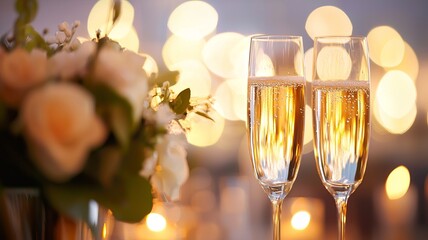 Two elegant champagne glasses with golden bubbles, set against a soft, romantic background of flowers and warm lights.