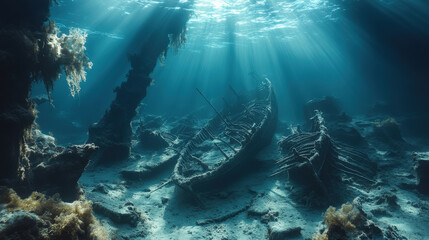 Fototapeta premium Ghostly Shipwreck: Eerie Underwater Scene with Sunlight Filtering Through Murky Depths
