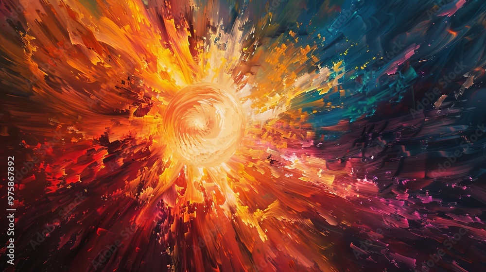 Poster a vibrant cosmic explosion with fiery colors and swirling patterns in a deep space background illust