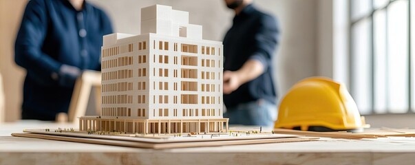 A large building model placed on a construction site desk, with architects and engineers reviewing design adjustments and site challenges