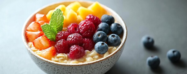Delicious oatmeal bowl topped with fresh berries and tropical fruit, perfect for a healthy breakfast or snack.