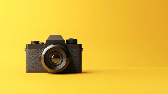 Retro camera on yellow background with ample copy space