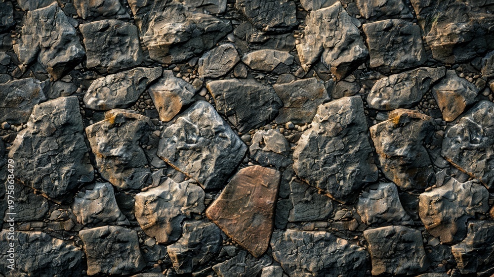 Poster natural stone wall texture with diverse shapes and sizes illuminated by sunlight during the day in a