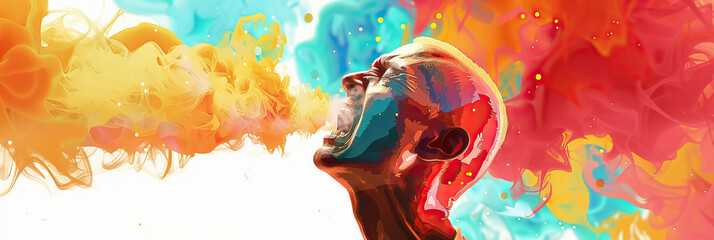 Colorful Coughing Spree: A patient coughing profusely against a backdrop of bright medical abstracts, emphasizing respiratory distress.