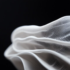 Naklejka premium A close-up view of flowing white fabric with delicate textures and intricate patterns against a dark background, evoking elegance.