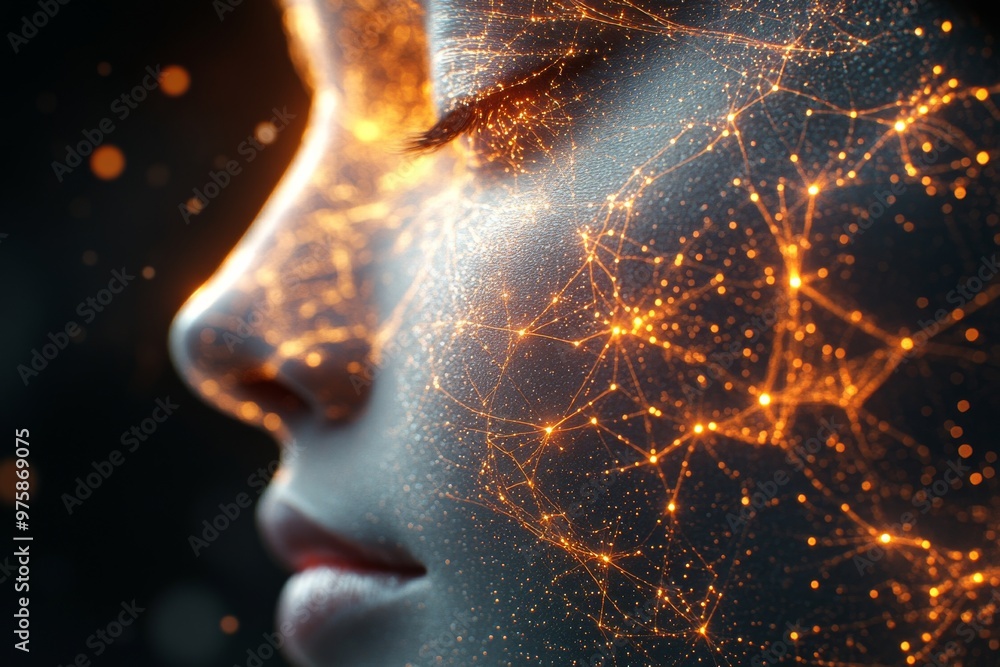 Poster close up profile of a woman with glowing neural patterns radiating from her face symbolizing the bra