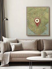 Vintage Map of an Area with Red Pin on a Wall in a Modern Living Room
